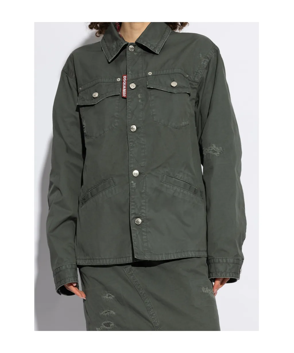 Button-Up Distressed Belted Overshirt