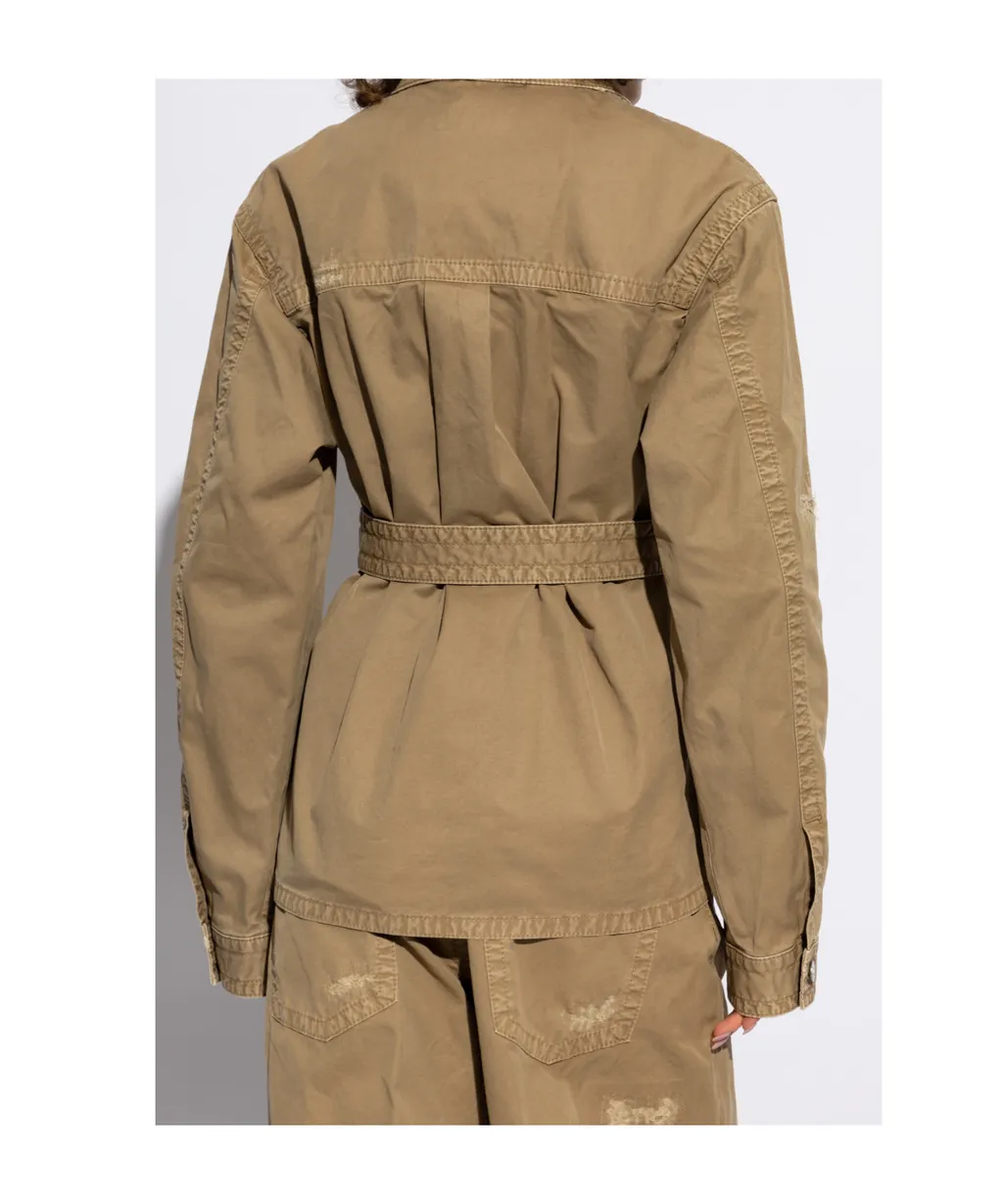 Button-Up Distressed Belted Overshirt