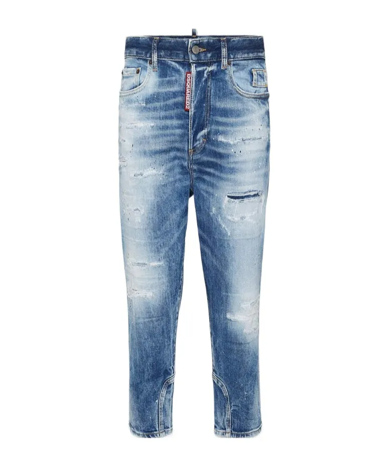 Logo-Patch Distressed Tapered Jeans