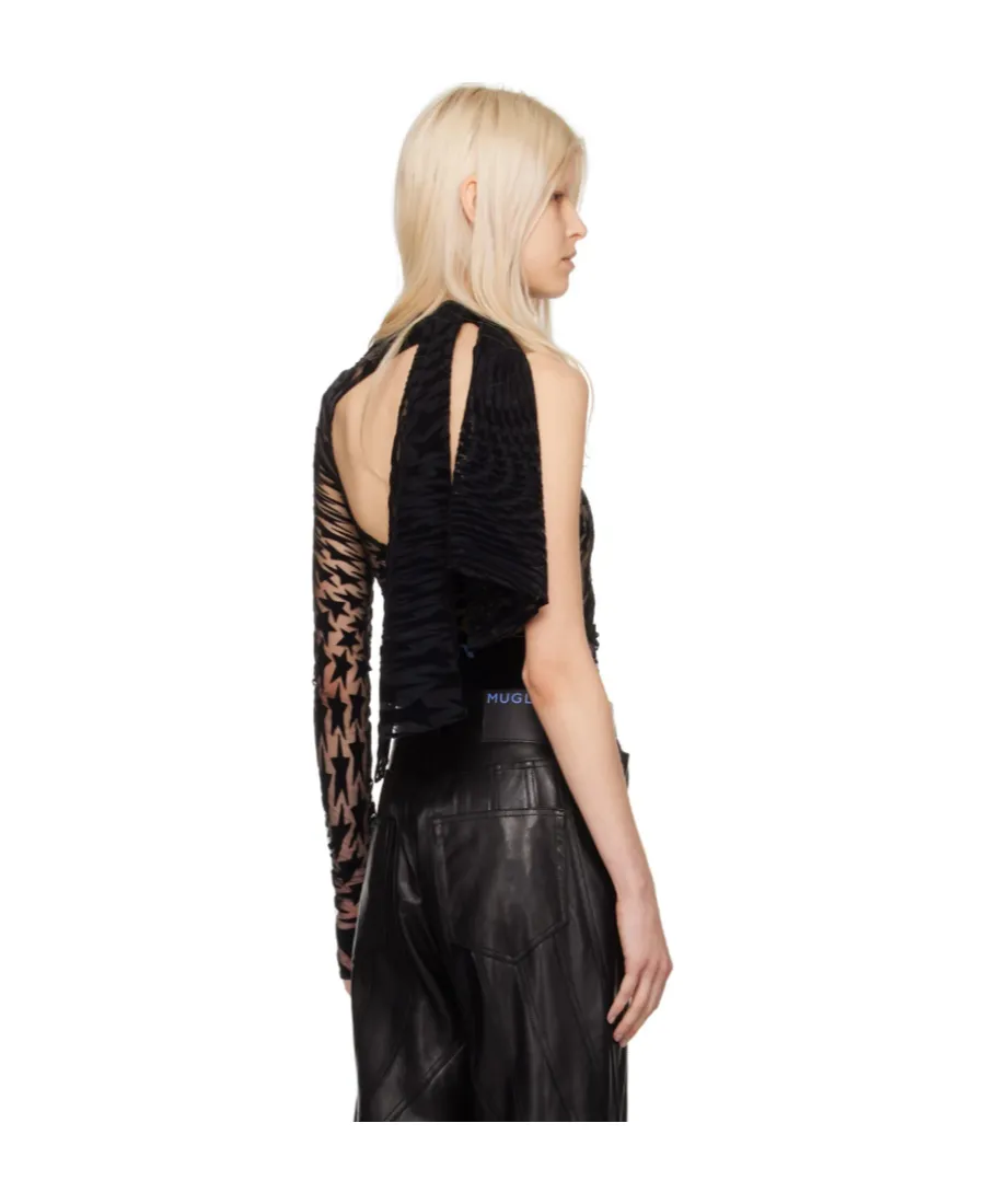 Flocked Star-Print Asymmetric Bodysuit