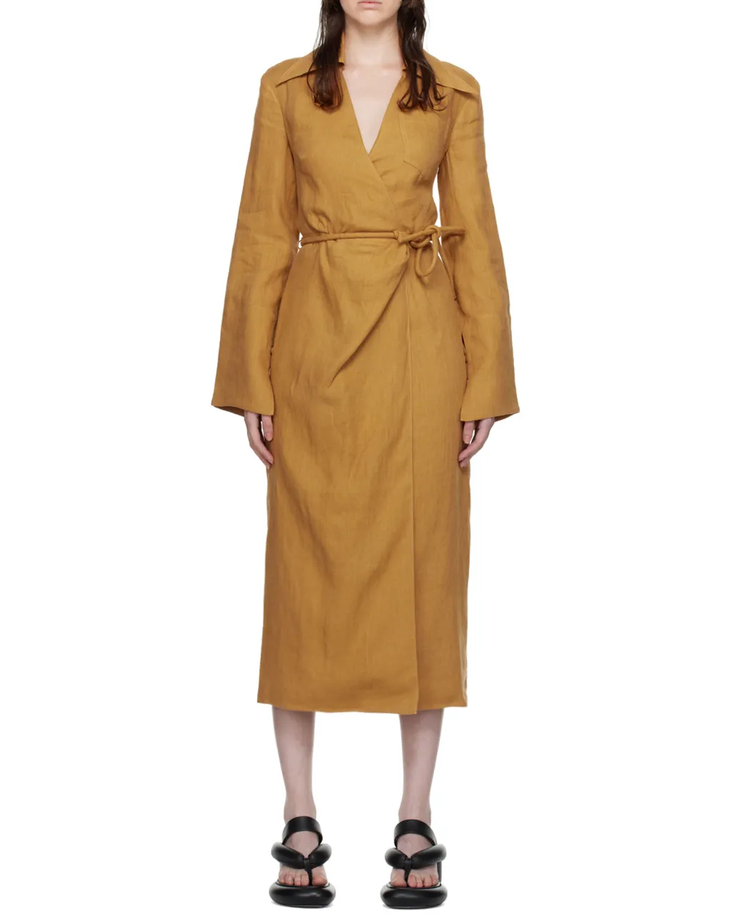 Open-Back Linen Midi Wrap Dress