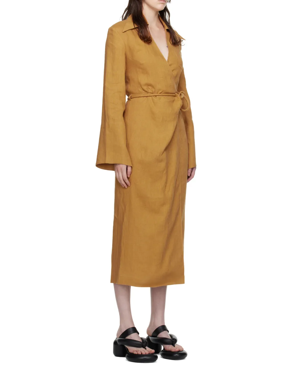 Open-Back Linen Midi Wrap Dress