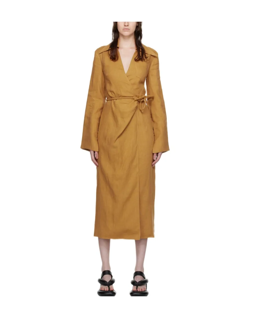 Open-Back Linen Midi Wrap Dress
