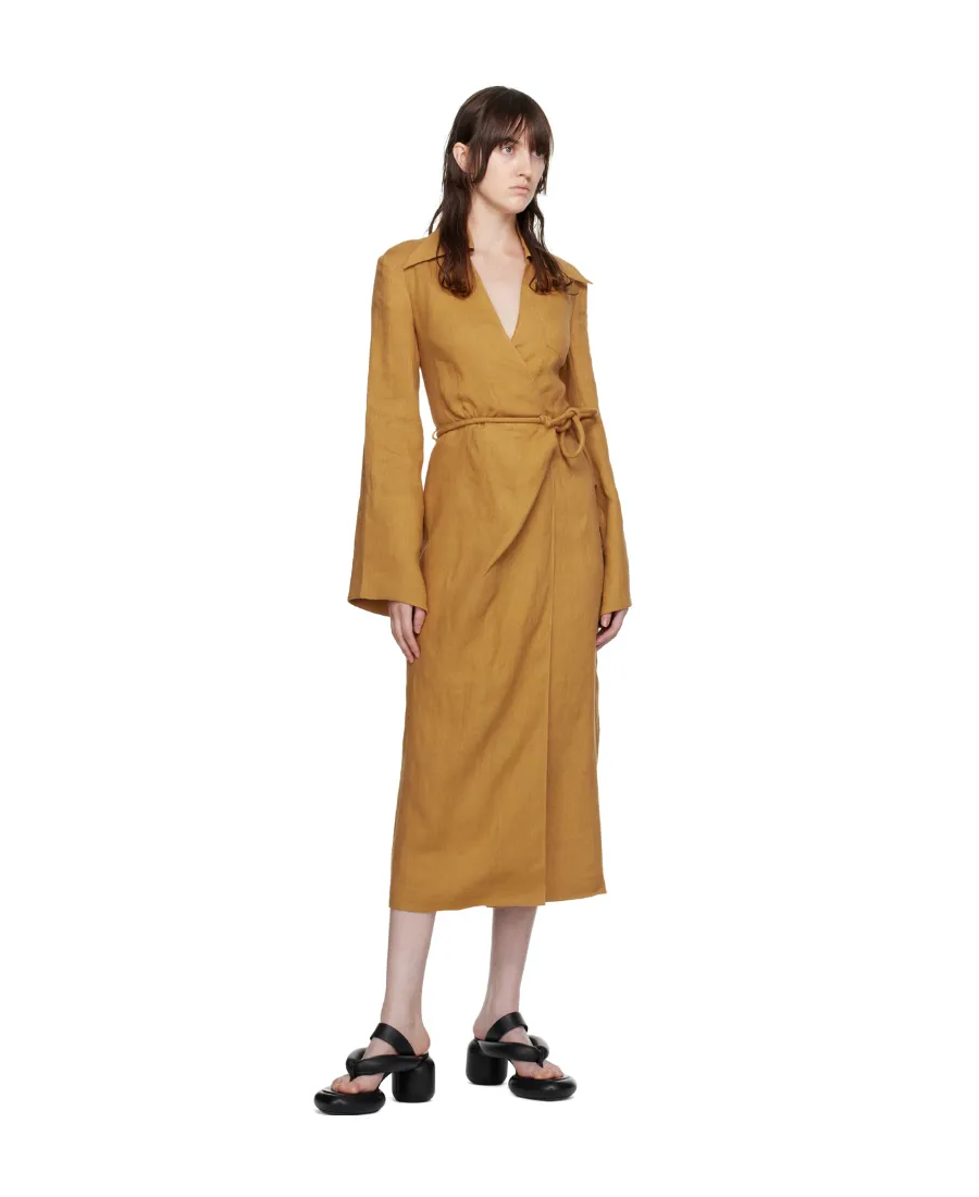 Open-Back Linen Midi Wrap Dress