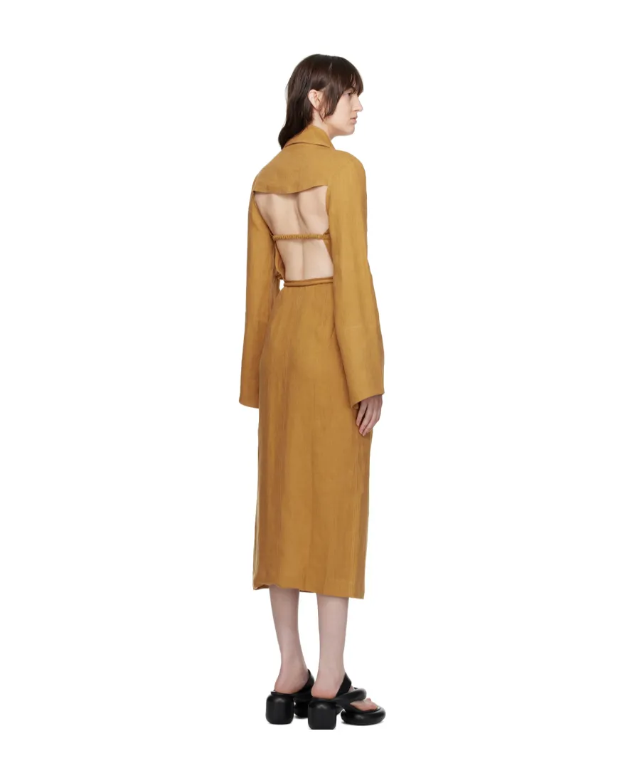 Open-Back Linen Midi Wrap Dress