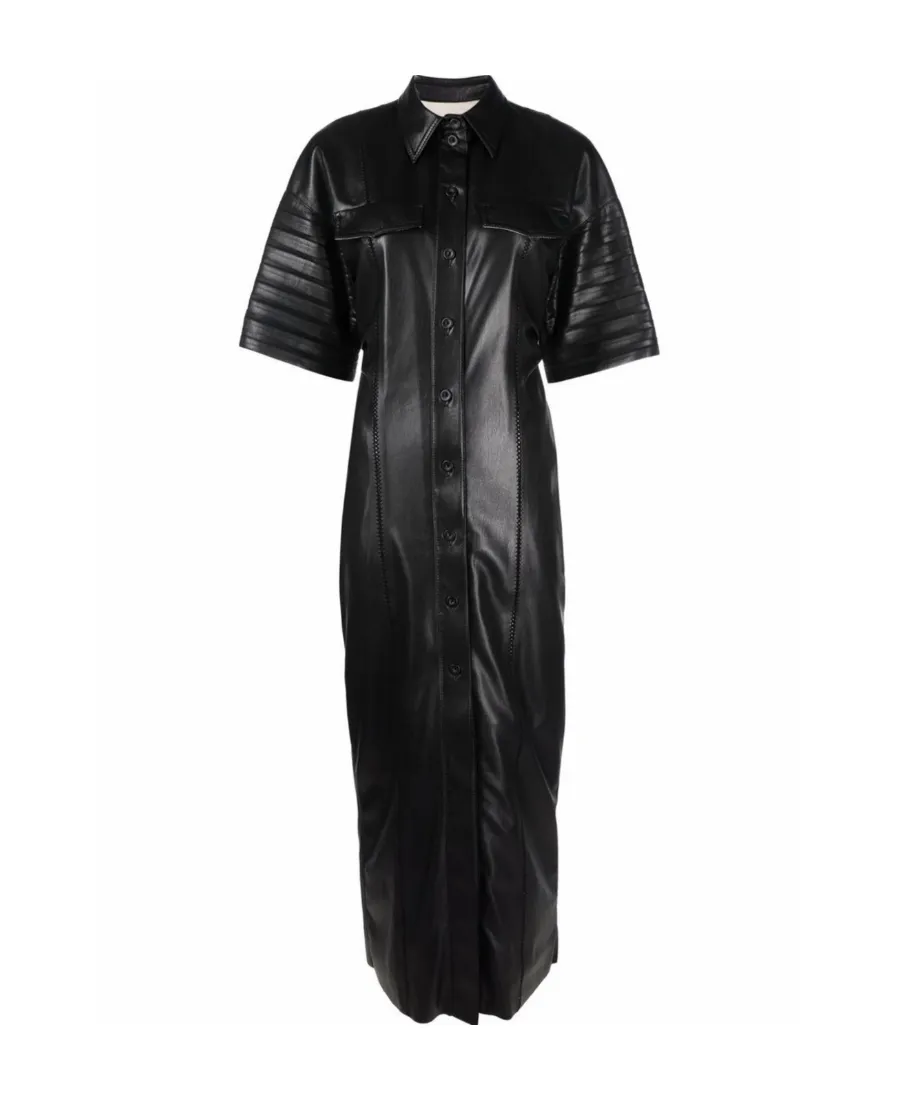 Faux-Leather Fitted Shirt Dress