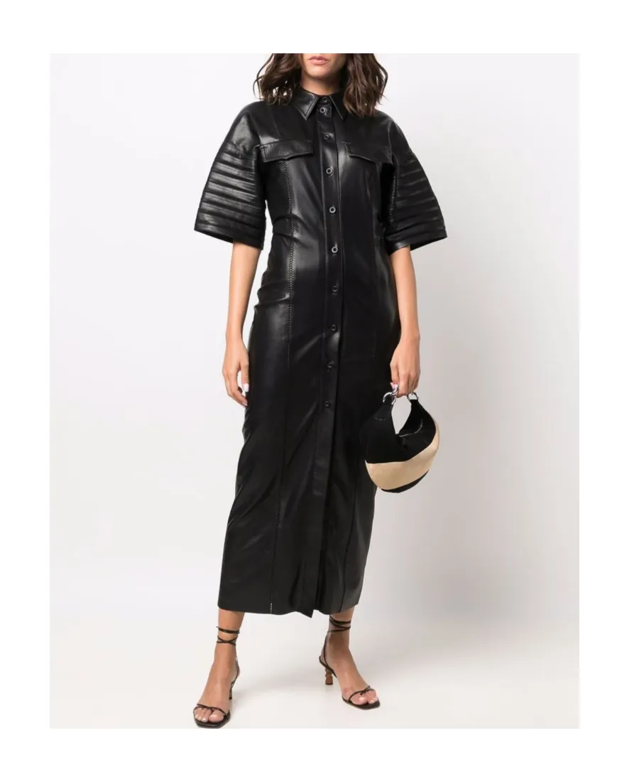 Faux-Leather Fitted Shirt Dress