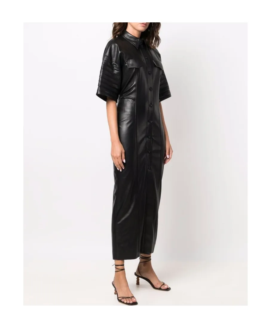 Faux-Leather Fitted Shirt Dress