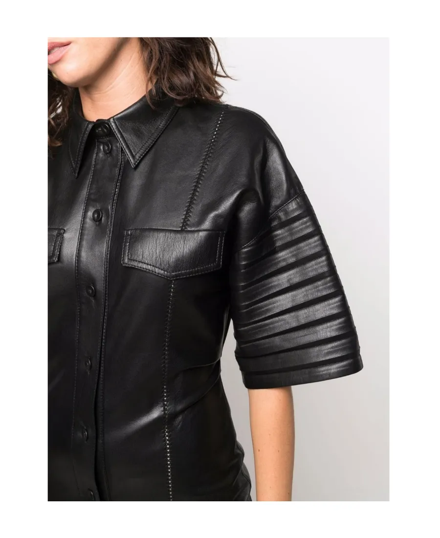 Faux-Leather Fitted Shirt Dress