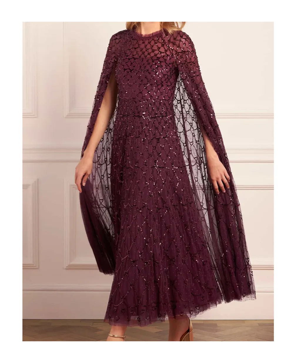 Cape-Sleeved Sequined Gown