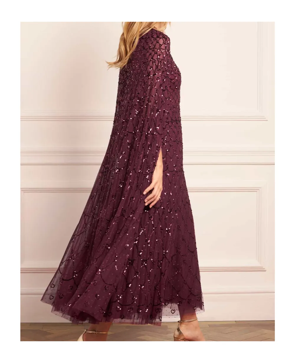 Cape-Sleeved Sequined Gown