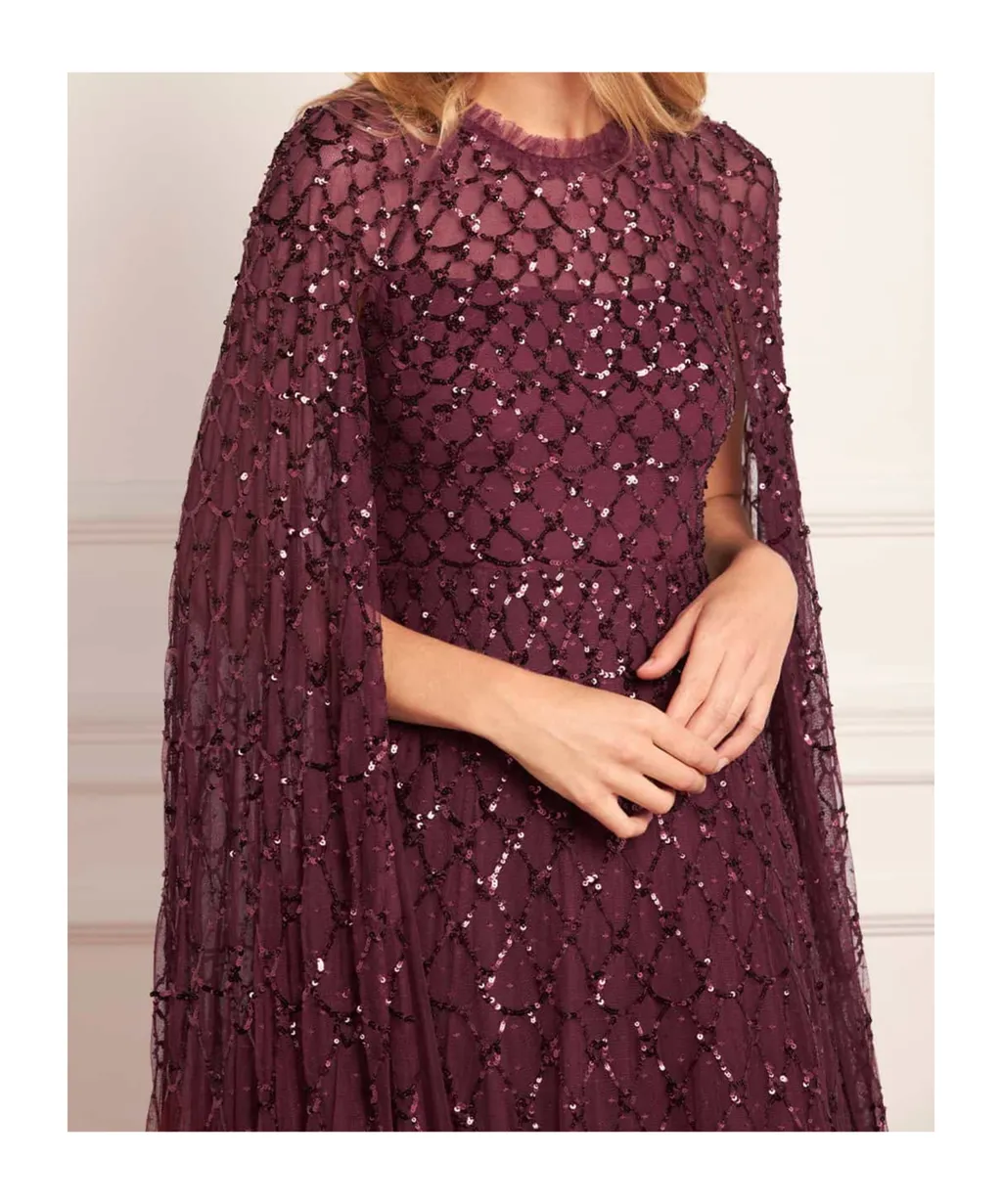 Cape-Sleeved Sequined Gown