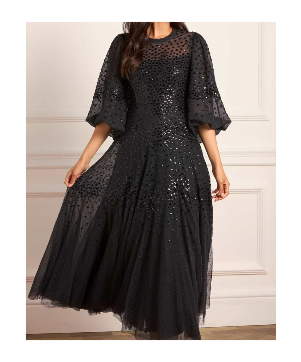Scallop Sequined Round Neck Dress