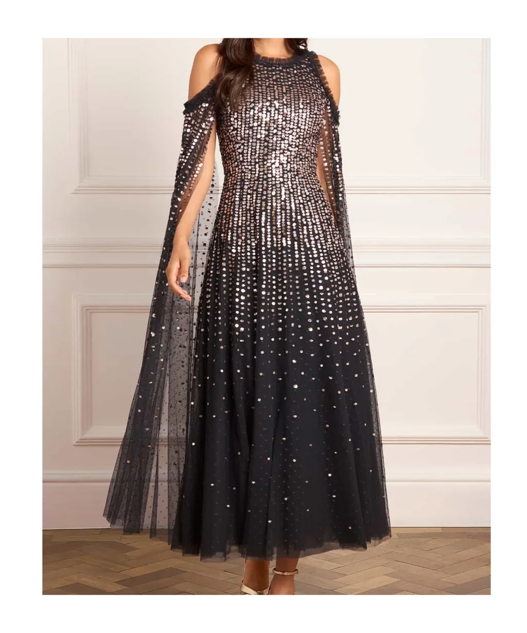 Sequined Cape Sleeve Gown