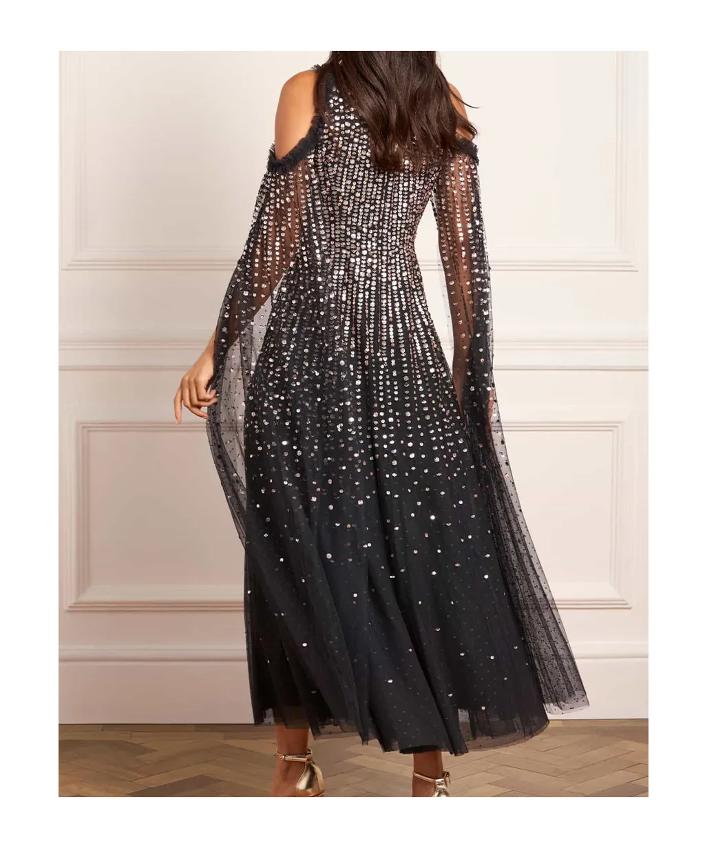 Sequined Cape Sleeve Gown
