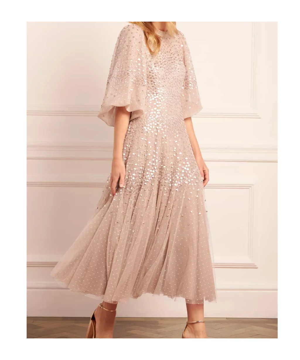 Scallop Sequined Round Neck Dress