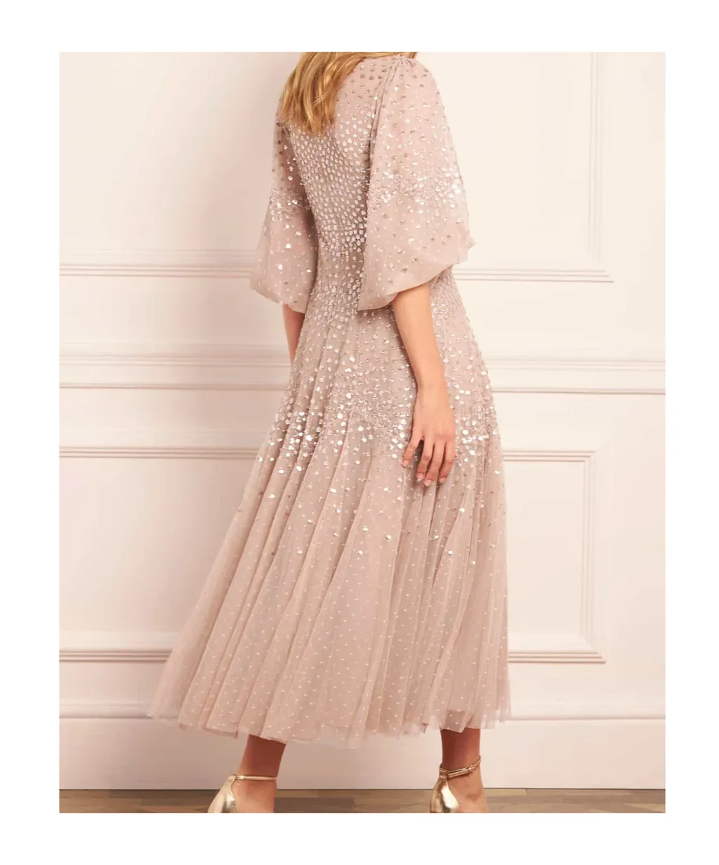Scallop Sequined Round Neck Dress