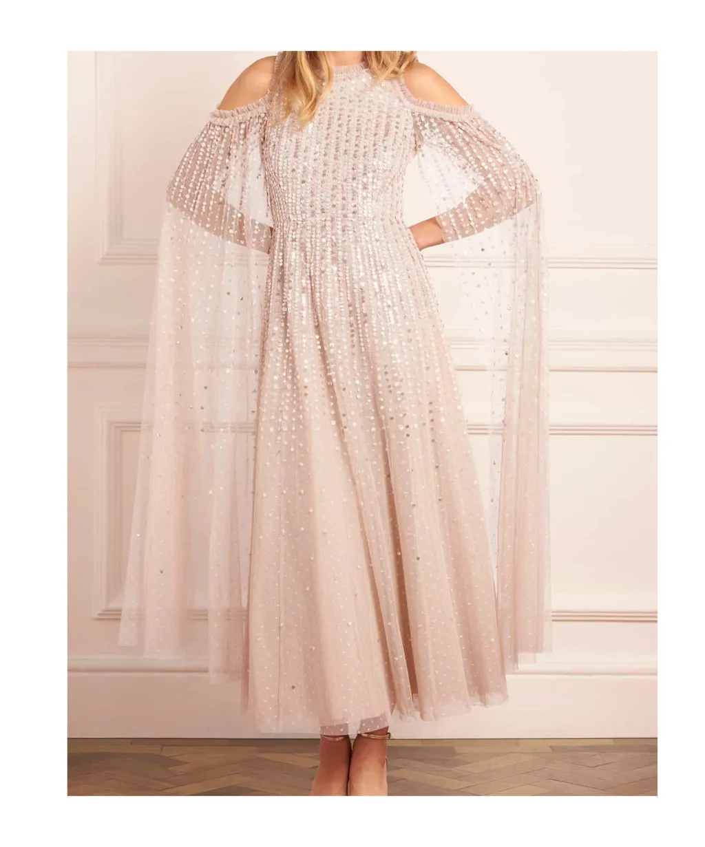 Sequined Cape Sleeve Gown
