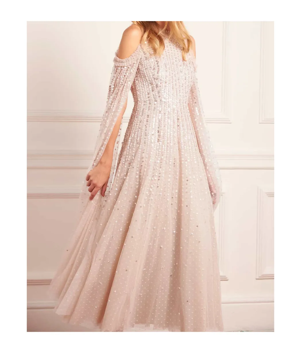 Sequined Cape Sleeve Gown