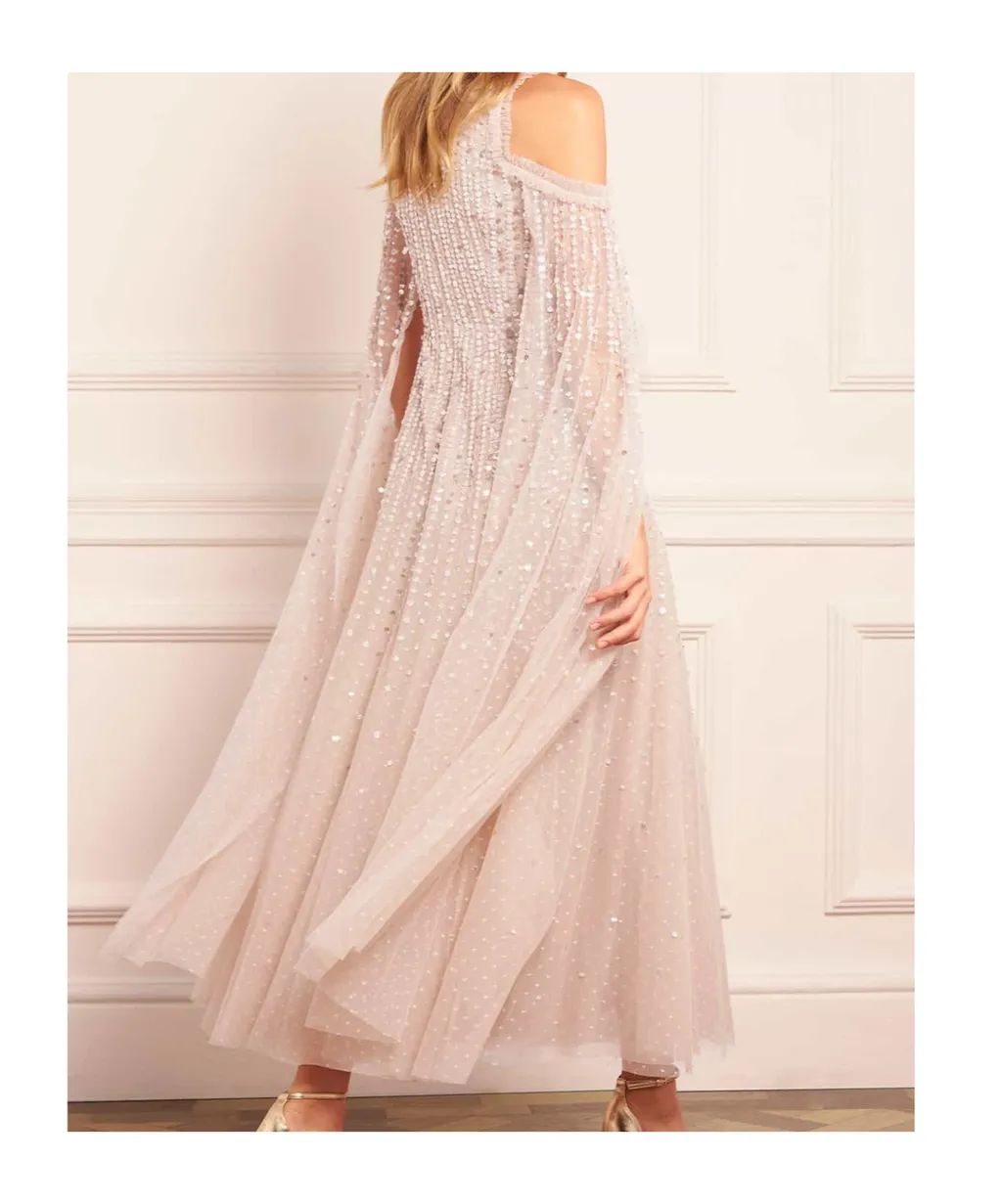 Sequined Cape Sleeve Gown