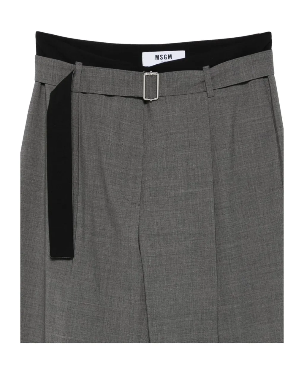 Belted Pleated Straight Leg Trousers
