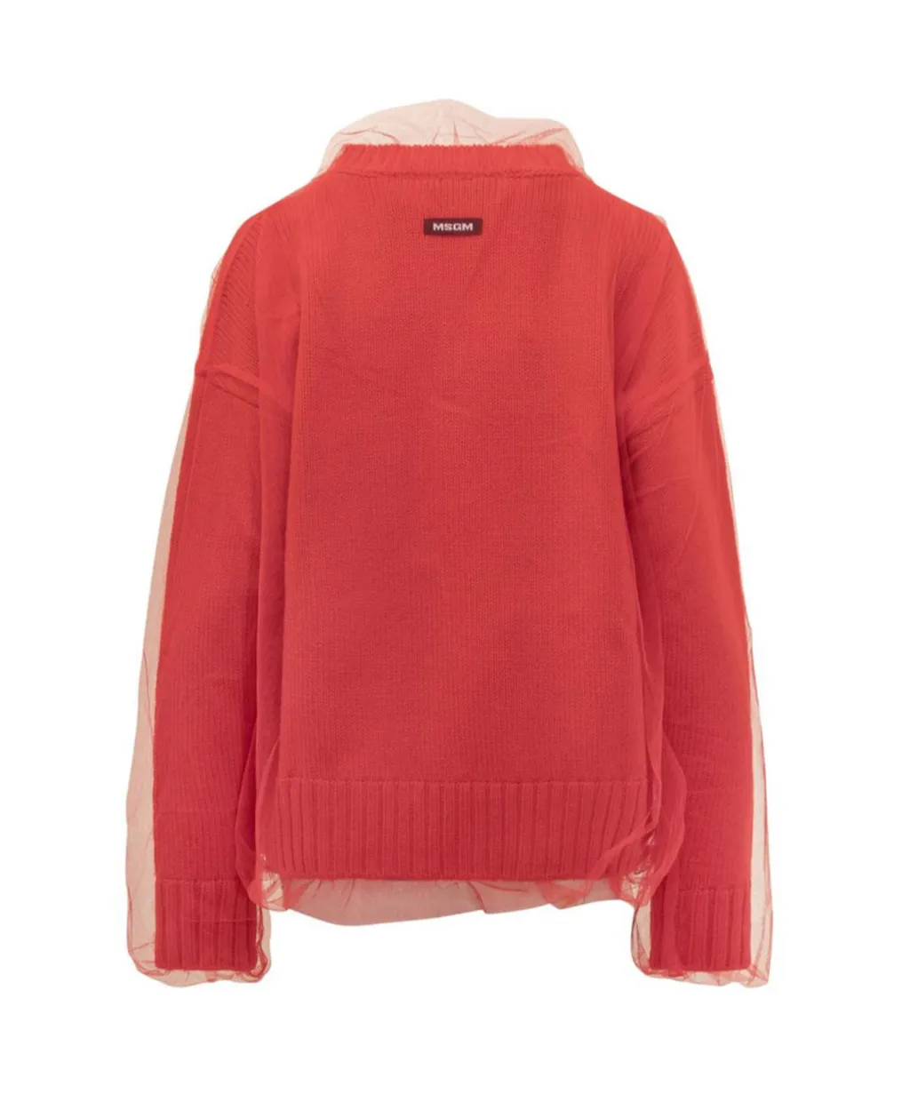 Crew Neck Tulle-Overlay Jumper