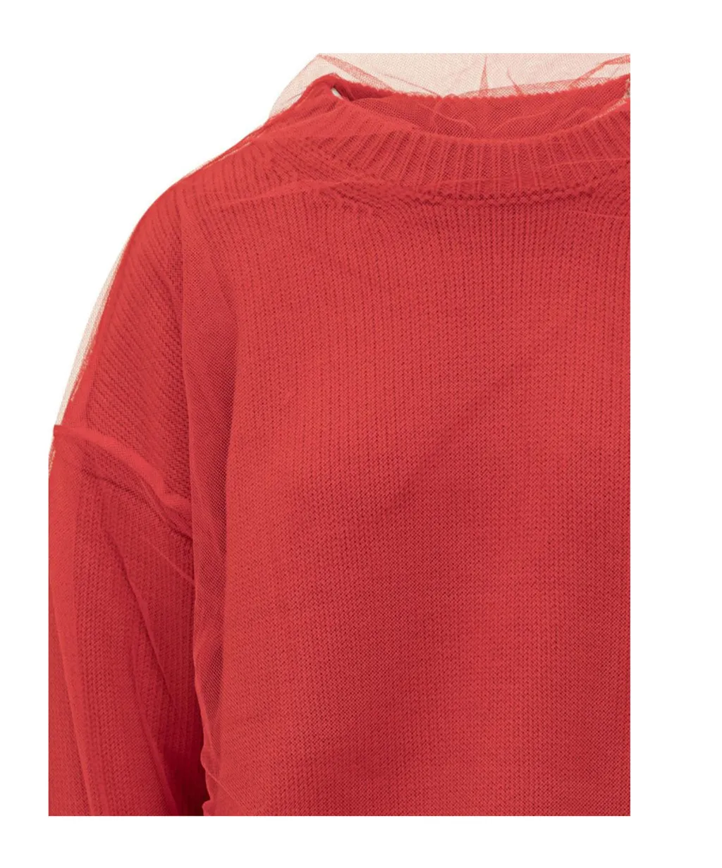 Crew Neck Tulle-Overlay Jumper