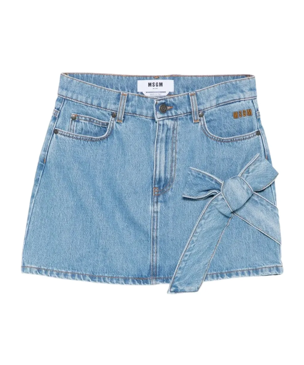 Denim Mini Straight Skirt With Bow Detail