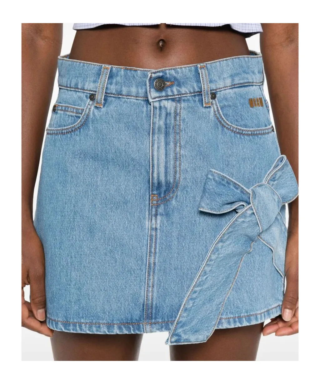 Denim Mini Straight Skirt With Bow Detail