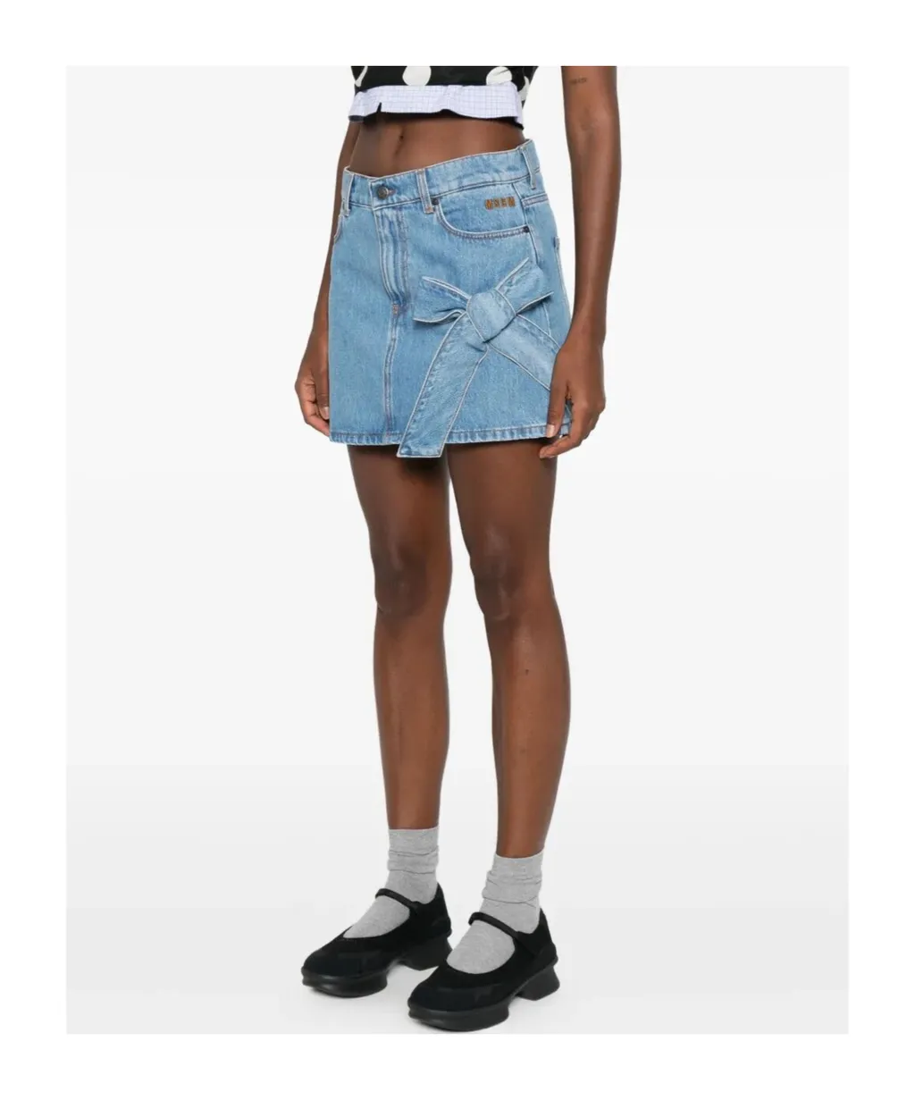 Denim Mini Straight Skirt With Bow Detail
