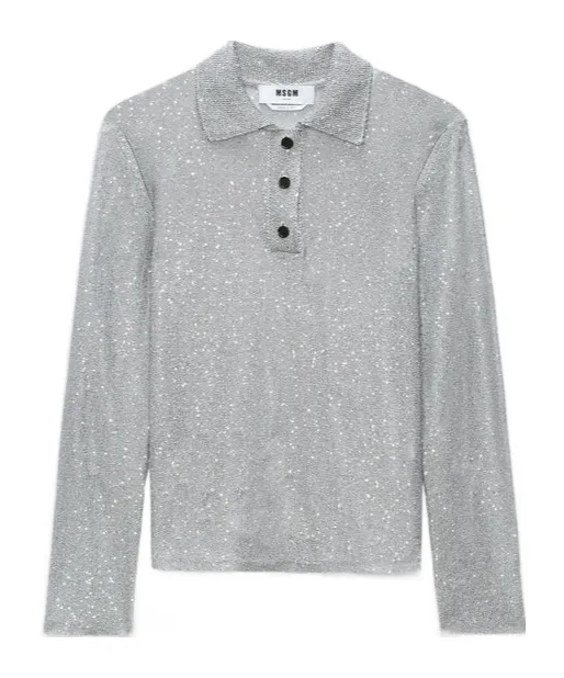 Long Sleeved Sequin Embellished Knit Polo Top