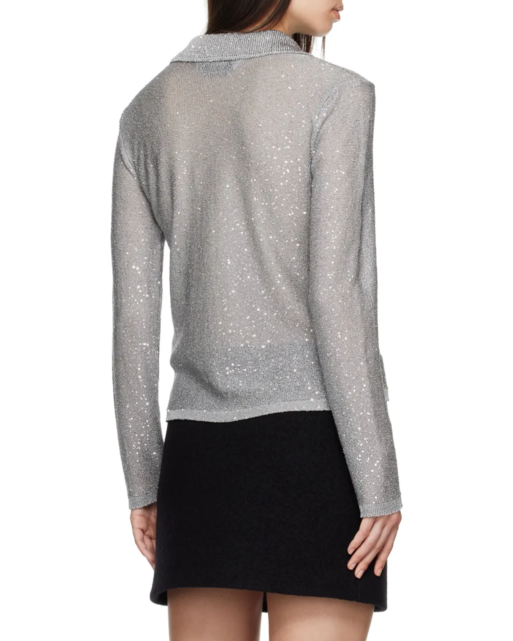 Long Sleeved Sequin Embellished Knit Polo Top