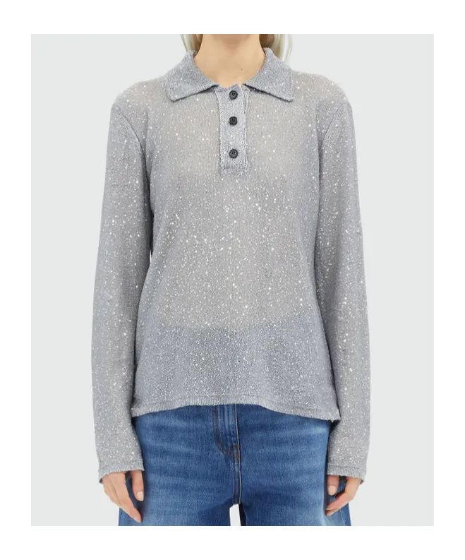 Long Sleeved Sequin Embellished Knit Polo Top