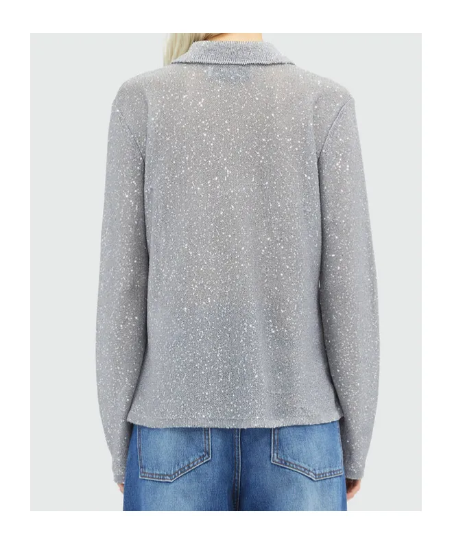 Long Sleeved Sequin Embellished Knit Polo Top