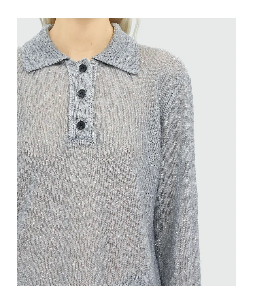Long Sleeved Sequin Embellished Knit Polo Top