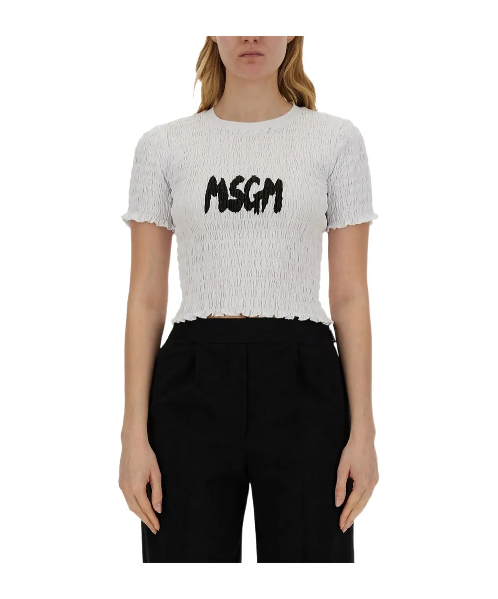 Logo-Printed Smocked Cropped Top