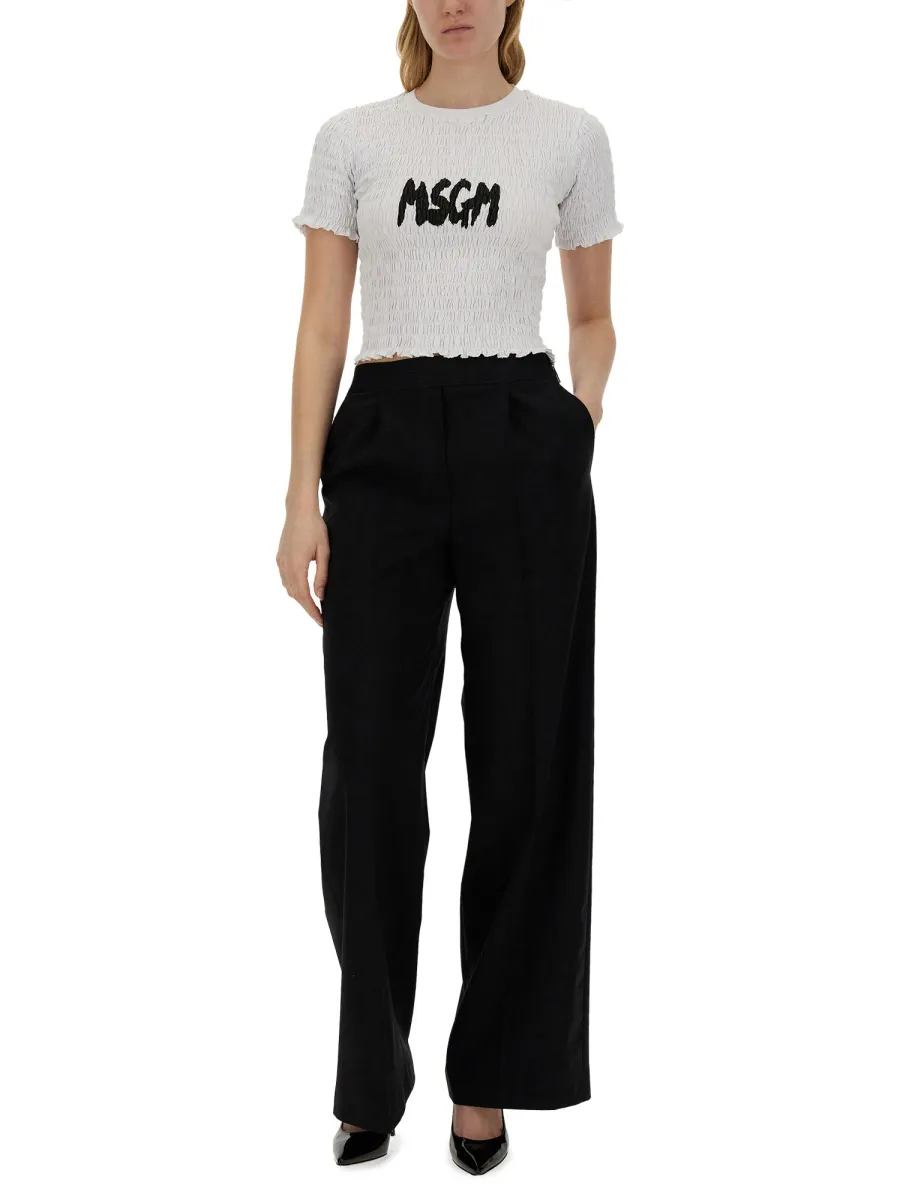 Logo-Printed Smocked Cropped Top