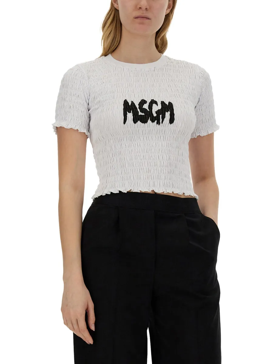 Logo-Printed Smocked Cropped Top