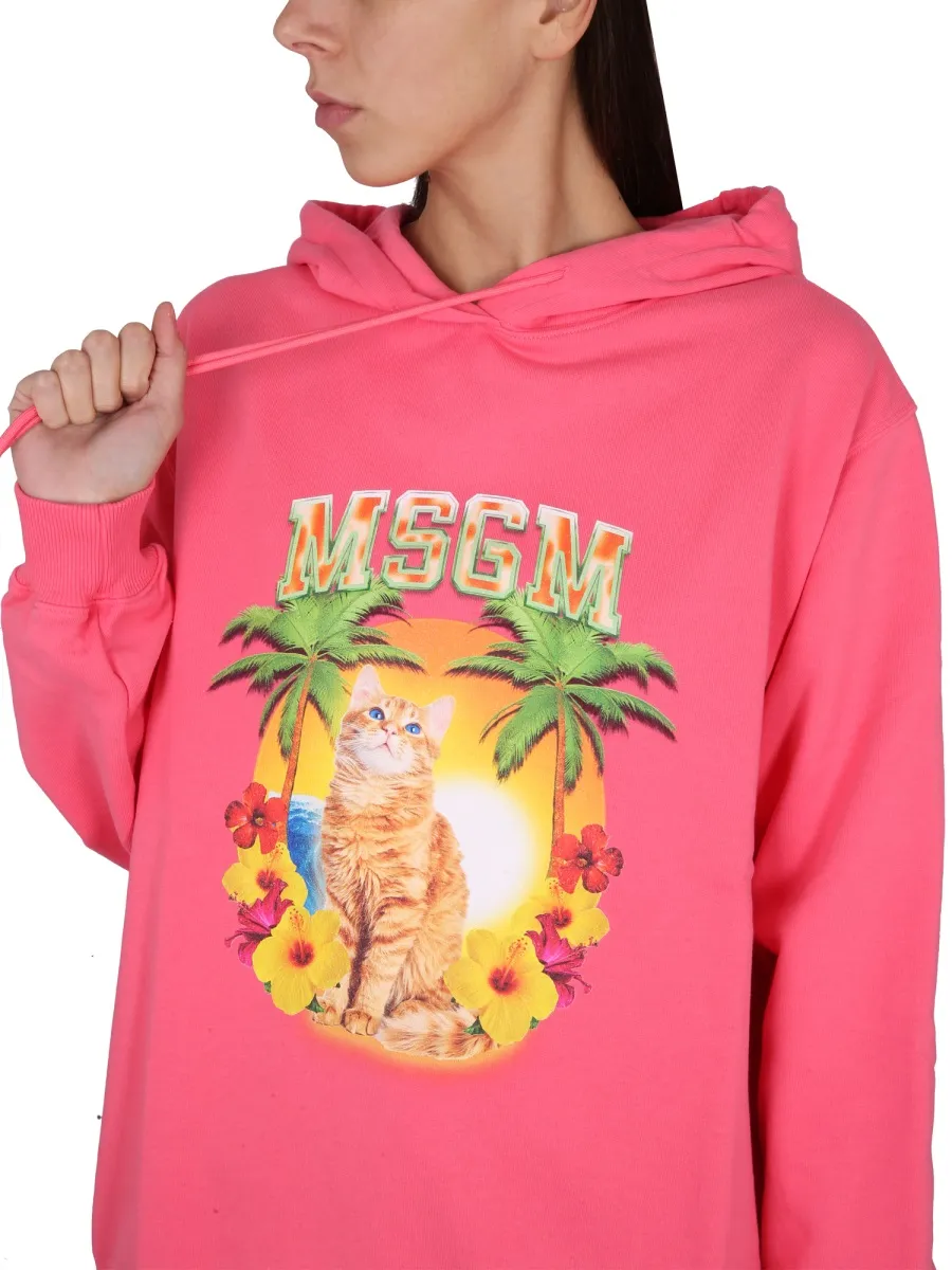Cat Printed Drawstring Hoodie