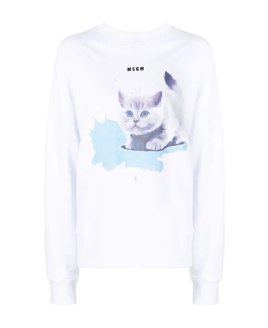 Kitten Print Round-Neck Sweater