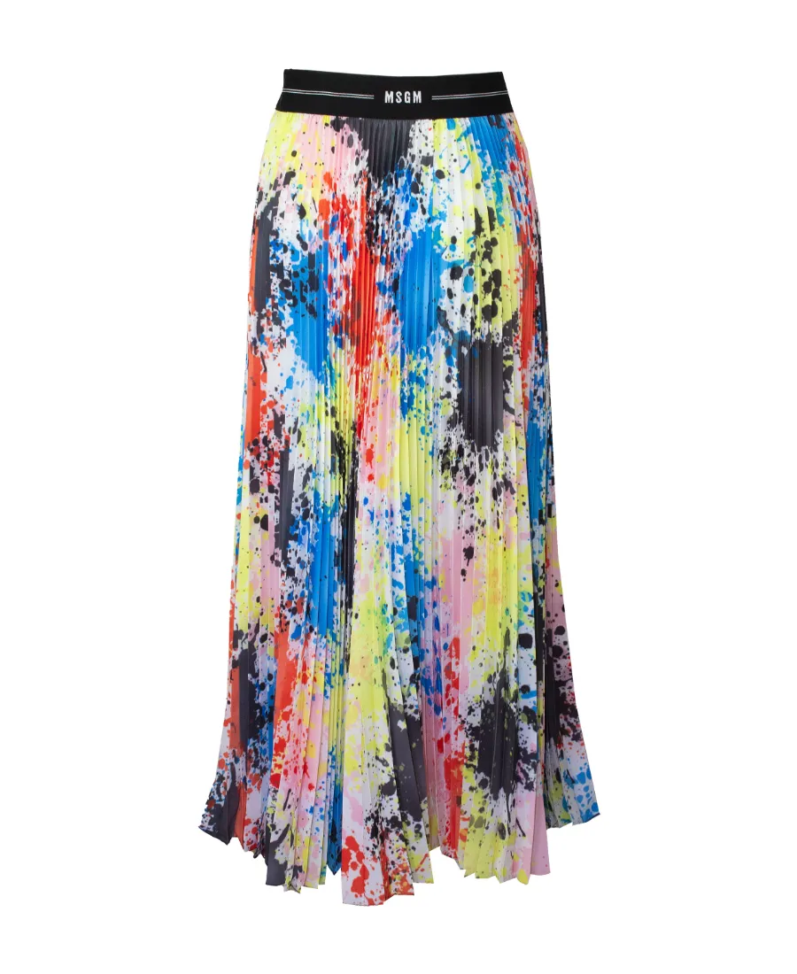 Splatter-Print Pleated Midi Skirt