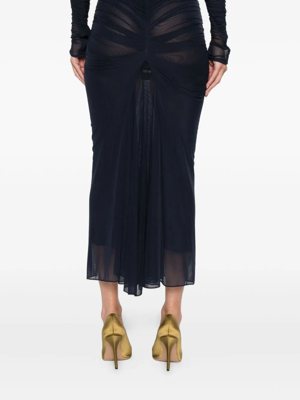 Ruched Mesh Midi Skirt