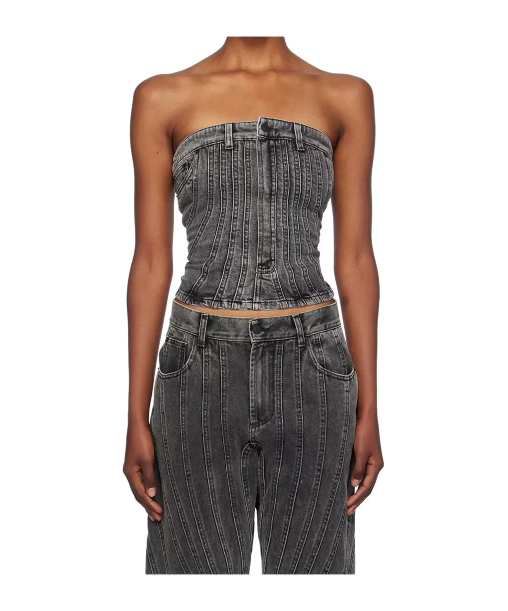 Spiral Strapless Denim Bustier