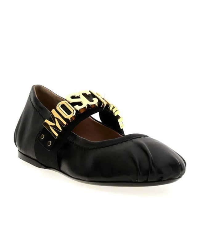 Logo-Lettering Leather Ballerina Shoes