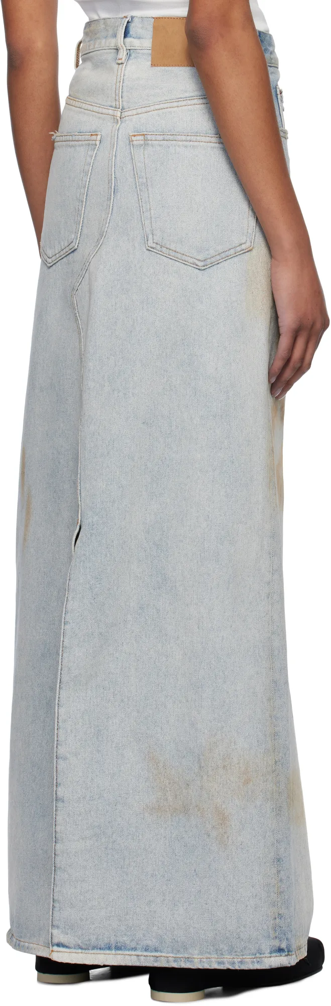 Logo-Patch Distressed Denim Midi Skirt