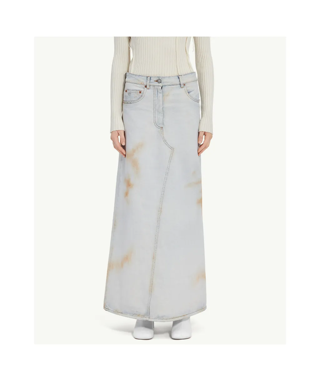 Logo-Patch Distressed Denim Midi Skirt