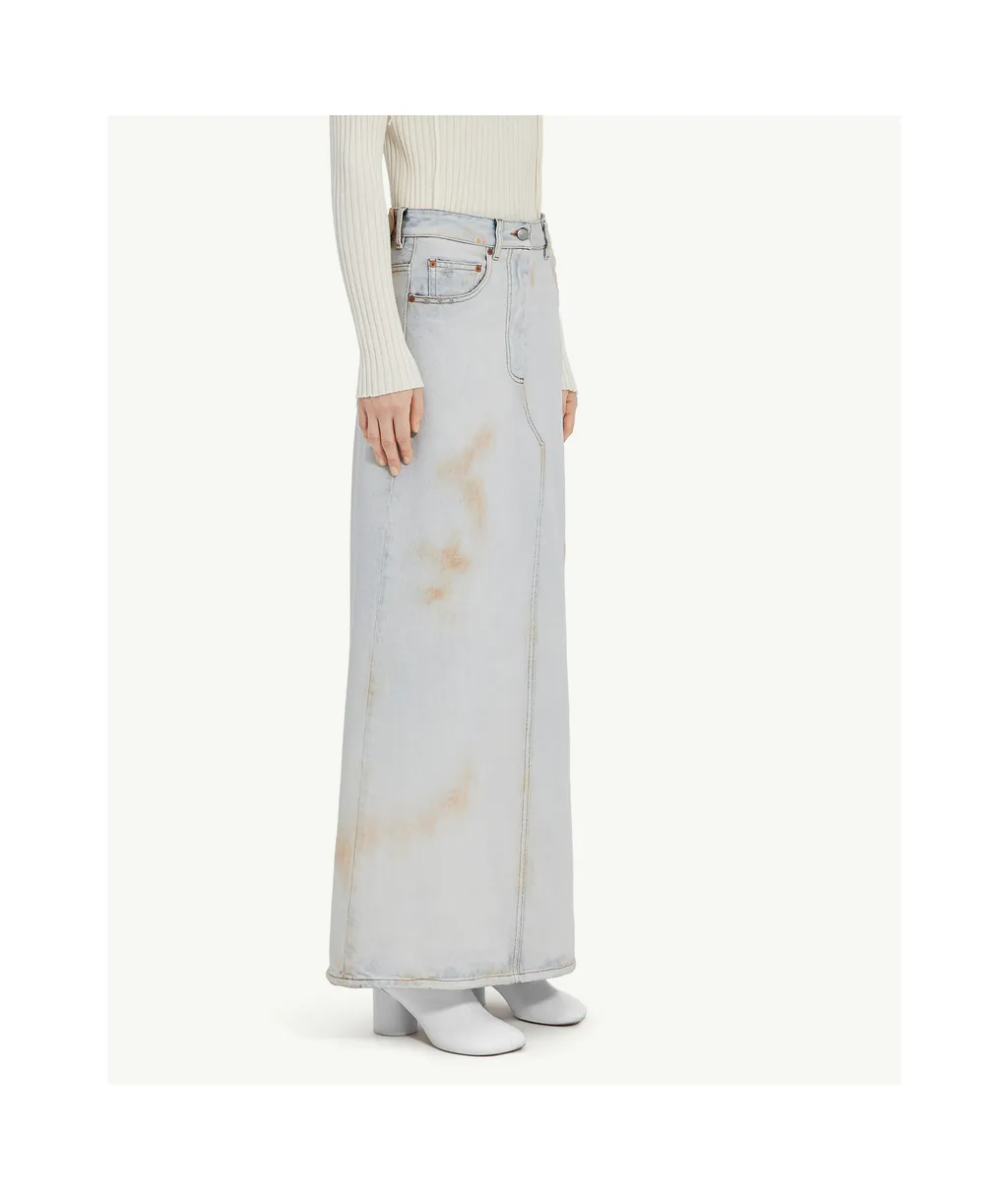 Logo-Patch Distressed Denim Midi Skirt