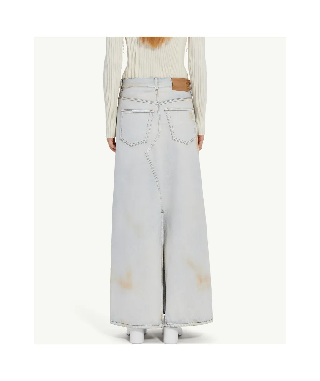 Logo-Patch Distressed Denim Midi Skirt