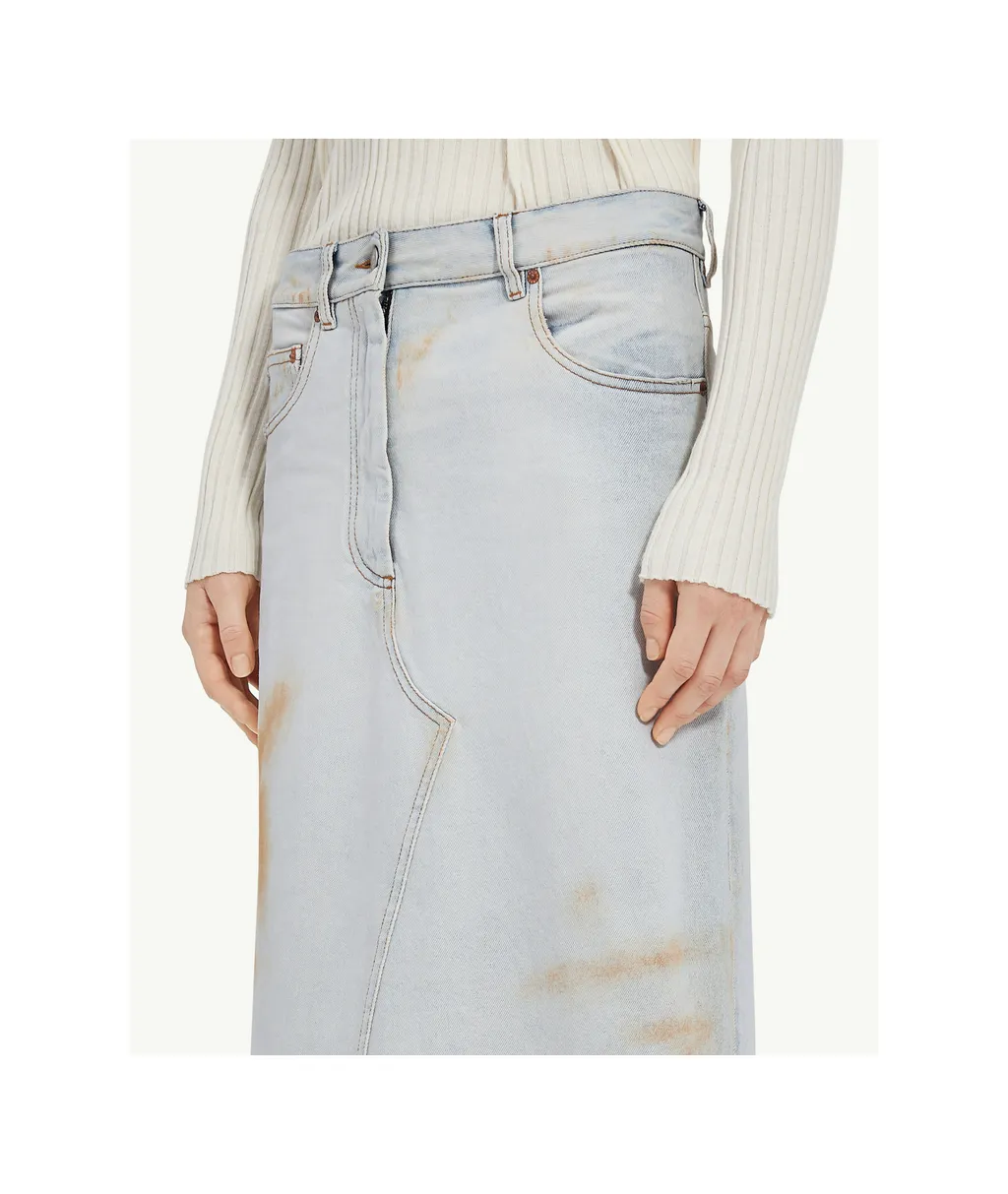 Logo-Patch Distressed Denim Midi Skirt