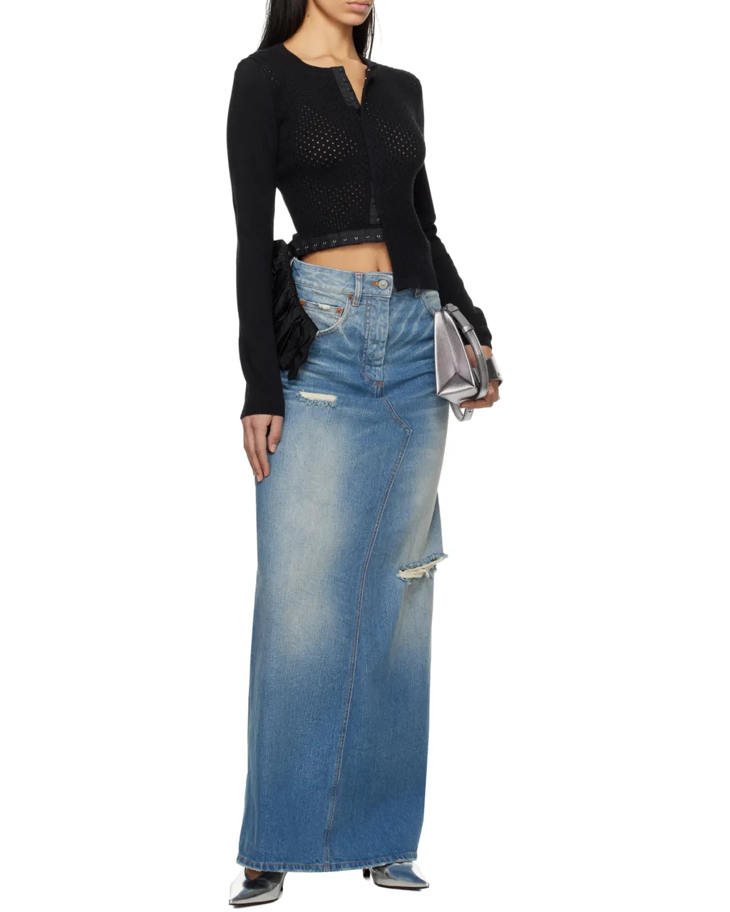 Distressed Denim Maxi Skirt